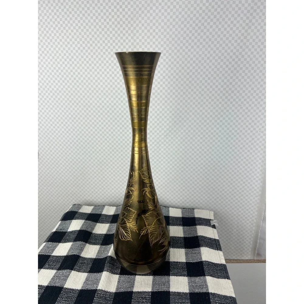 Vintage Etched Brass Floral Vase Tall Bud Vase Gold Tone Boho Decor 15